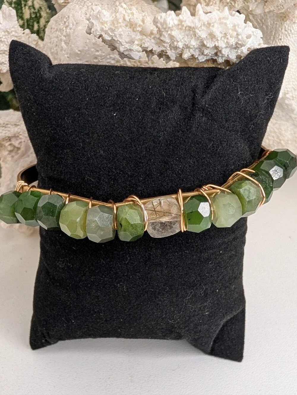 Faceted Nephrite Jade Wire-Wrapped Cuff Bracelet
